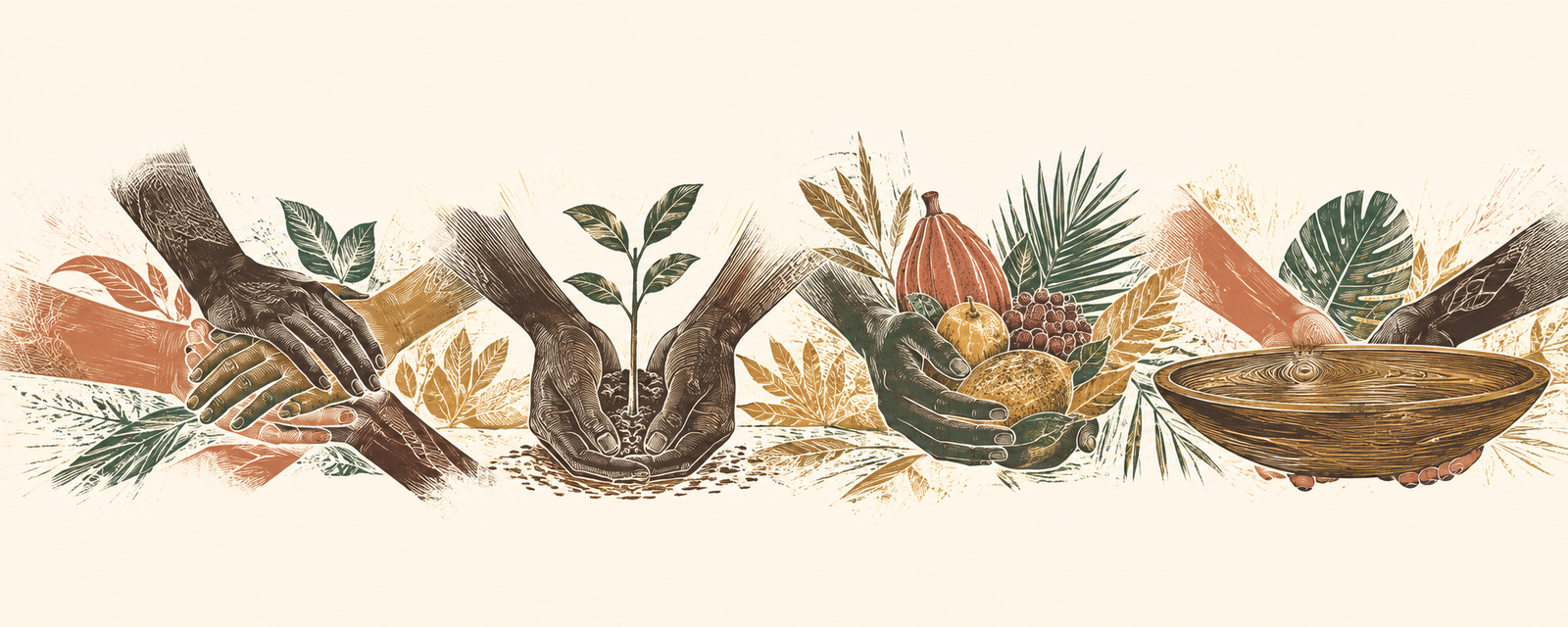 Ilustración de manos de la comunidad unidas, sembrando, sosteniendo frutos y practicando minería artesanal con batea